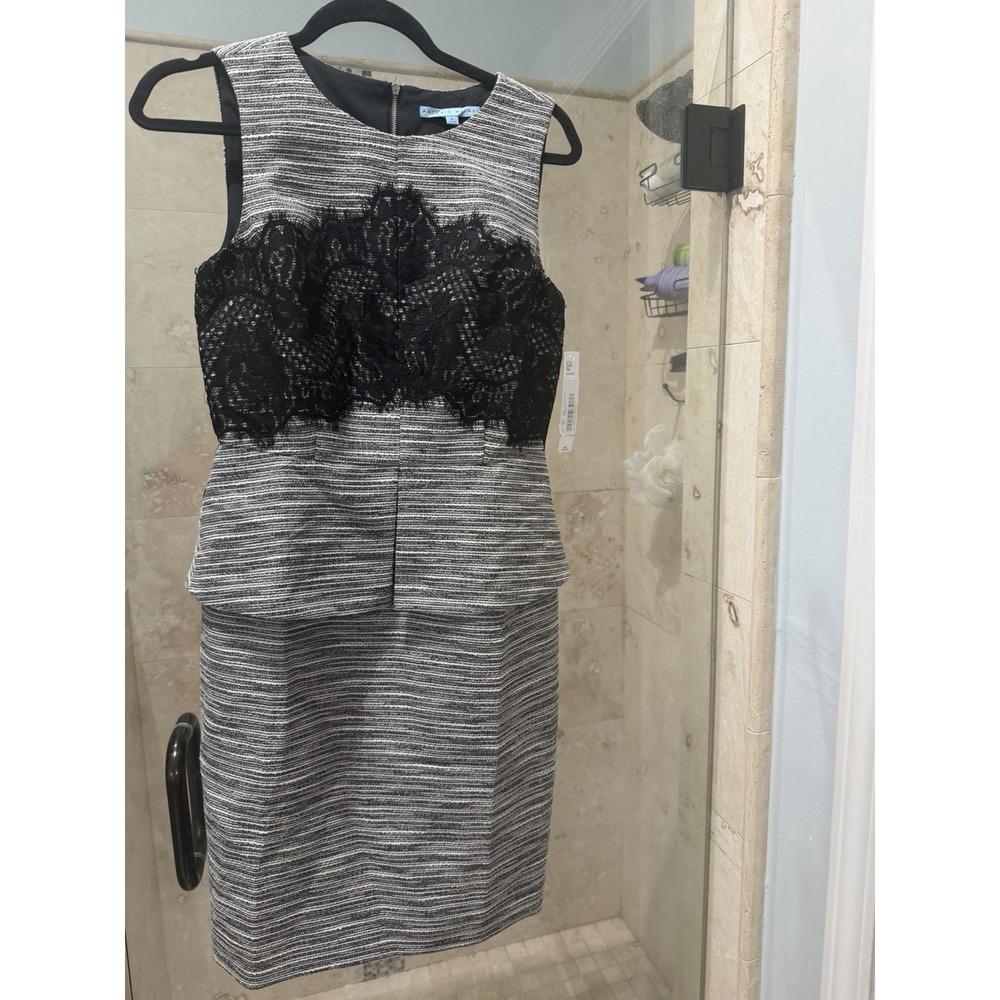 Antonio Melani Billy Sheath Dress Peplum Floral Lace Black Gray Metallic Size 4